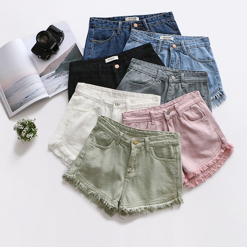 Slim Fit Candy Color Farmer Rövidnadrág Női Raw Edges Tassel Shorts Hot Pants