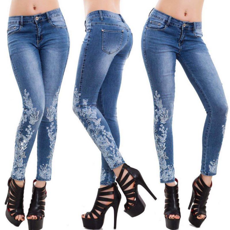 High Stretch Skinny Jeans Női Hímzett Karcsú Kék