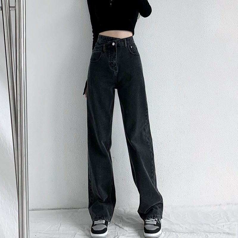 Irregular Cross Waist Jeans Női Magas Derekú Egyenes