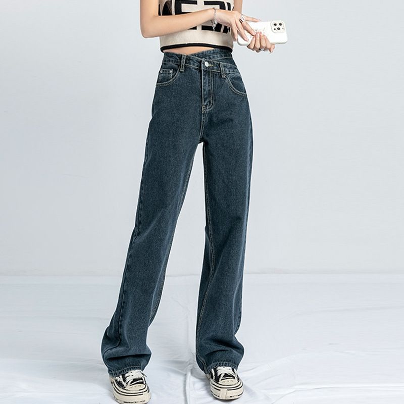 Irregular Cross Waist Jeans Női Magas Derekú Egyenes