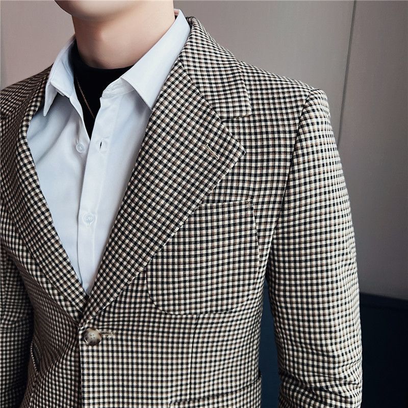 2023 Tavaszi Férfi Blézer Houndstooth Slim Fit Két Csattal