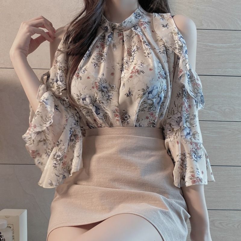 Virágos Női Ing Chiffon Shirt One Shoulder Sweet