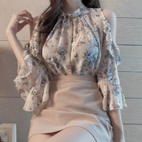 Virágos Női Ing Chiffon Shirt One Shoulder Sweet